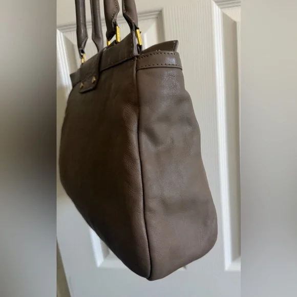 Tory Burch Taupe Leather Satchel with Gold Clasp - Picture 3 of 16